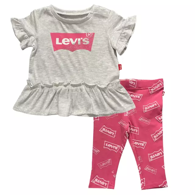 Levis Baby Infant Girls Leggings & Top Outfit Set Size 6M Pink Gray Short Sleeve