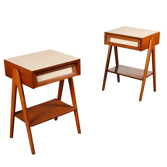 Comodini Vintage Italia Anni 50 Legno Faggio tinto Impiallacciatura Teak Formica