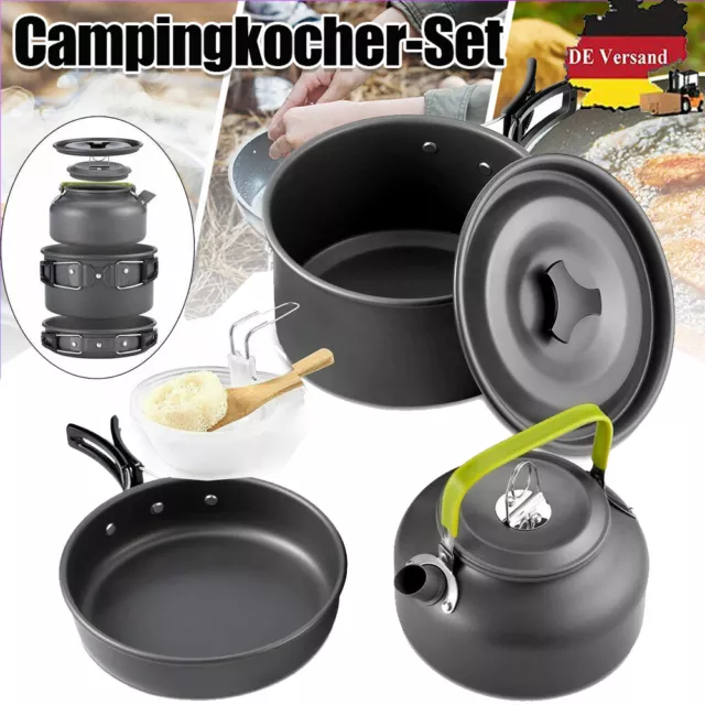 2-3 Person Camping Kochgeschirr Kochtopf Outdoor-Töpfe Bratpfanne Kettle Set DE