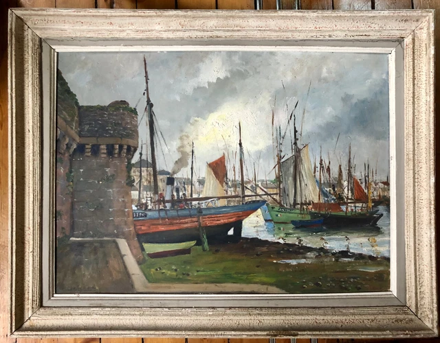CONCARNEAU LE PORT Mar e Basse Huile Sur Panneau De Charles Viaud 