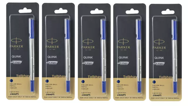 5 X Parker Quink Roller Ball Recharges pour stylo roller Encre bleue Pointe...