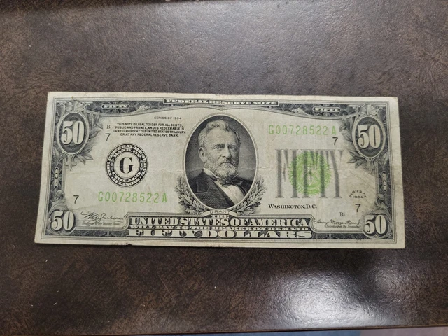 1934 Chicago, IL $50 Federal Reserve Note Bill Fifty Dollar Circulated Grant