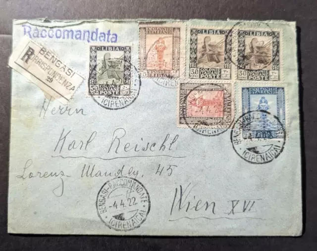 1922 Registered Italian Libya Cover Benghazi to Vienna XVI Austria Karl Reischl