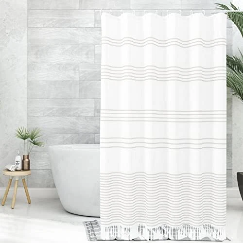 Boho Farmhouse Tassel Shower Curtain,Light Grey Stripe Linen 70x70 Inch Grey 1