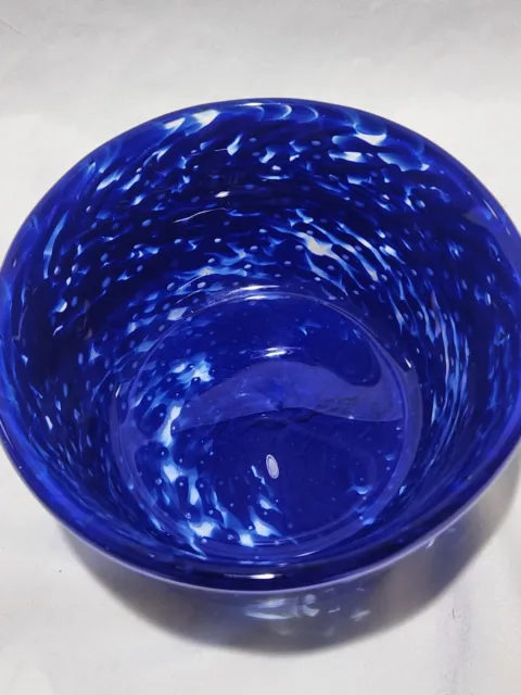 Cobalt Blue Clear Drop Flowing Liquid  Swirl Bubble Hand Blown Art Glass Bowl