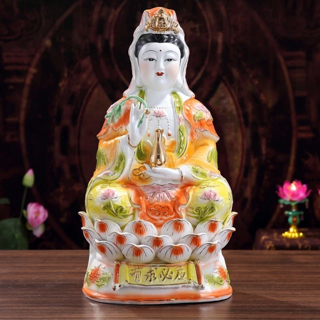 Color Porcelain Pottery Guanyin Kwan-yin Goddess Buddha Boddhisattva Figurine