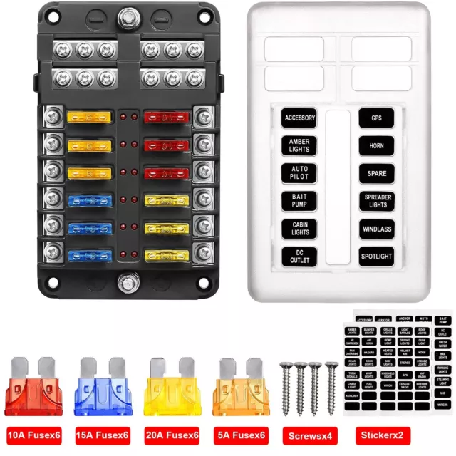 12 Way Blade Fuse Box Block & Auto Marine FuseBox Holder 12V 32V Bus Bar Car Kit