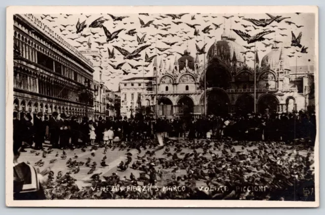 St. Mark's Basilica Square People Pigeons Feeding Venice Italy Postcard RPPC