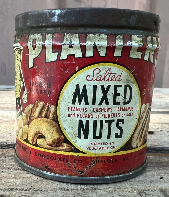 Vtg Planters Mr Peanut Mixed Nuts Tin Can No Lid Copyrighted 1944 Peanuts