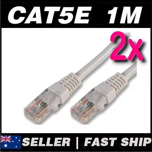 2 x 1m Grey  Cat5 Cat5E 100Mbps Premium RJ45 Ethernet Network LAN Patch Cable