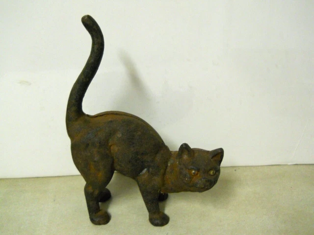 Vintage Cast Iron Black Cat Mean Face Spooky Halloween Doorstop Decor 10" Tall