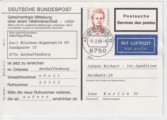 Bund Mi.Nr. 1405 EF auf Postsache als Luftpostgebühr vom Ersttag 09.02.89