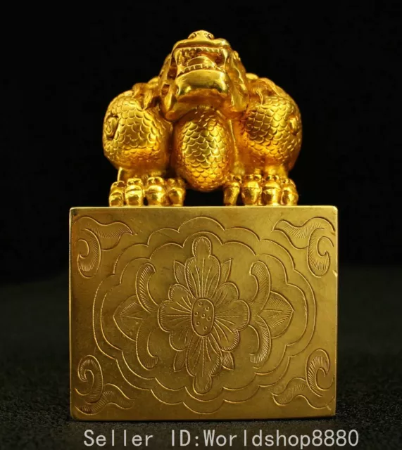 4.2" Old Chinese Pure Copper Fengshui Wing Kylin Unicorn Qilin Seal Stamp Signet