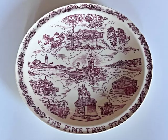 Vernon Kilns State Plate ~ Maine ~ The Pine Tree State ~ 10 1/2" ~ Red ~ VG