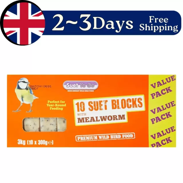 Suet To Go Mealworm Suet Block Wild Bird Treat 10 x 300 g Free &Fest Shipping