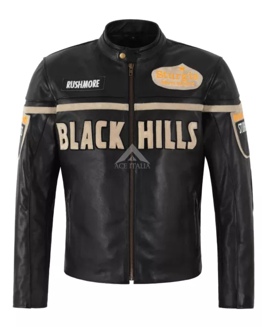 Black Hills Men's Racing Cowhide Leather Jacket Casual Biker Style Badges Jacket