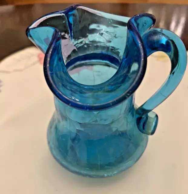 Vintage Blue Crackle Glass mini pitcher/ bud vase/creamer- Beautiful!!