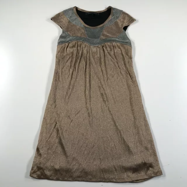 Rebecca Beeson Dress Womens 2 Gold Silver Metallic Shift Shirt Cap Sleeves