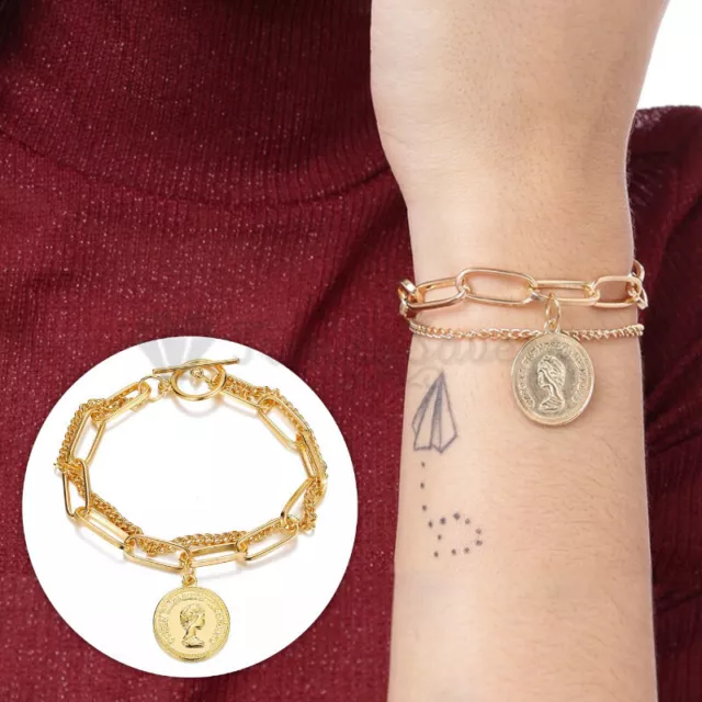 18K Gold Plated Disc Coin Charm Bracelet Toggle Clasp Womens Jewellery Gift UK