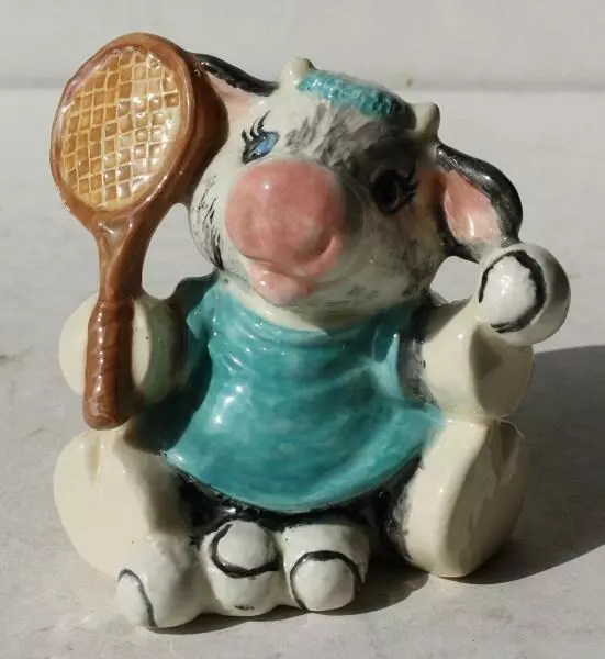 Cow Figurine Tennis Racket Tennis Balls Sitting Ceramic Porcelain Hand Painted -