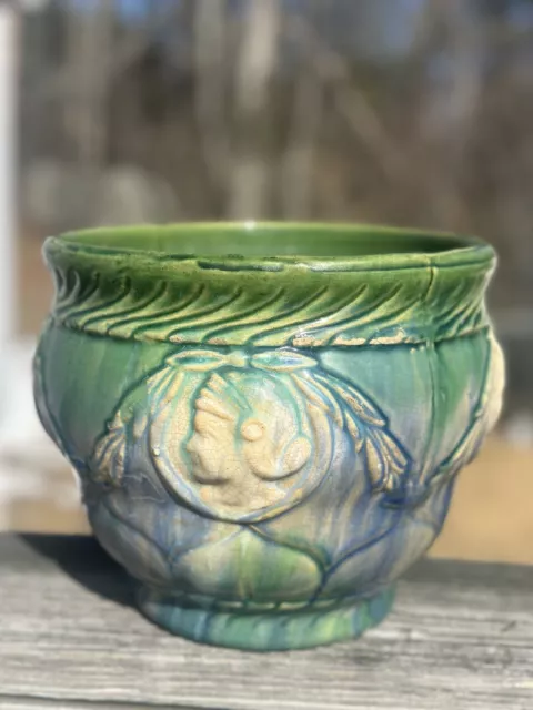 Art Nouveau Ceramics Cachepot Planter Pot Pottery Green Blue Woman Face Cameo A