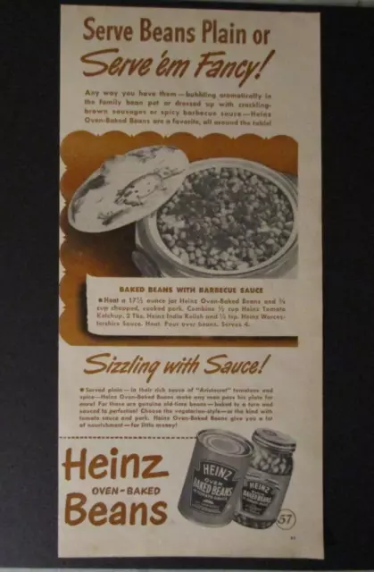 1947 HEINZ Oven Baked Beans - Vintage Print Ad - Sizzling with Sauce!