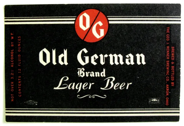 Geo J Renner Brewing OLD GERMAN BRAND LAGER BEER label OH 12oz - VAR #3