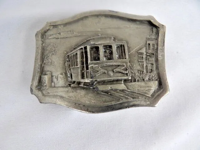 Vintage 1977 Indiana Metal Crafts Pewter Belt Buckle with Cable Car