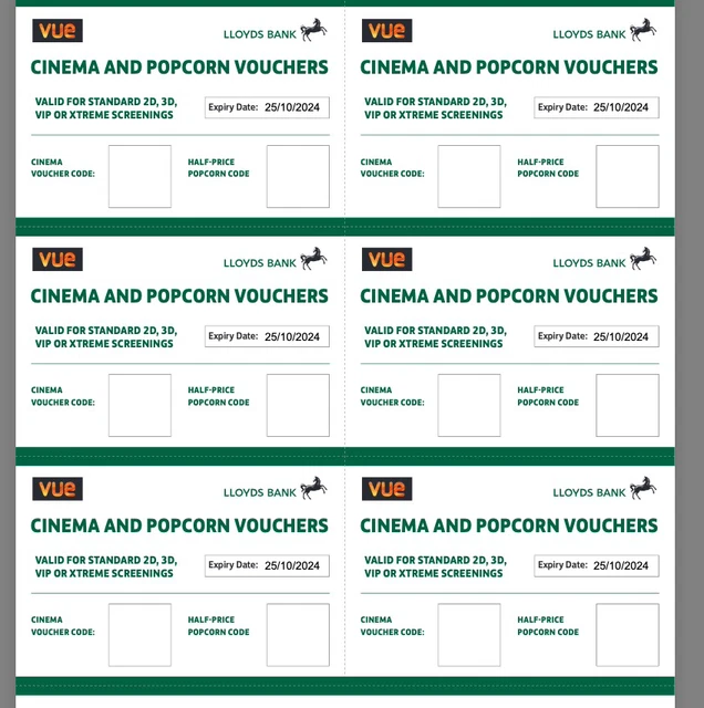 Six  x Vue Cinema Tickets and Half Price popcorn valid until 12/11/2024