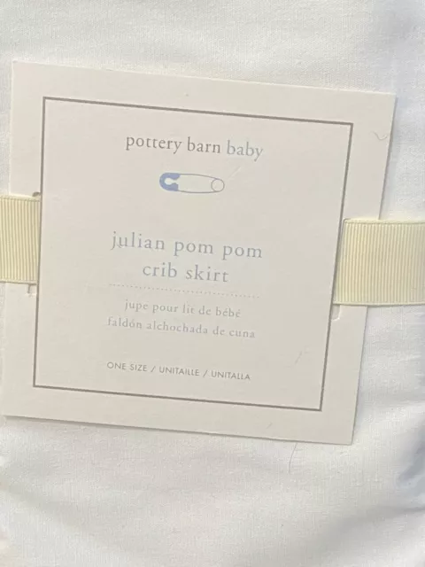 "Falda para cuna Pottery Barn bebé Julian Pom Pom blanca multi nueva con etiquetas 28""x52""" 2