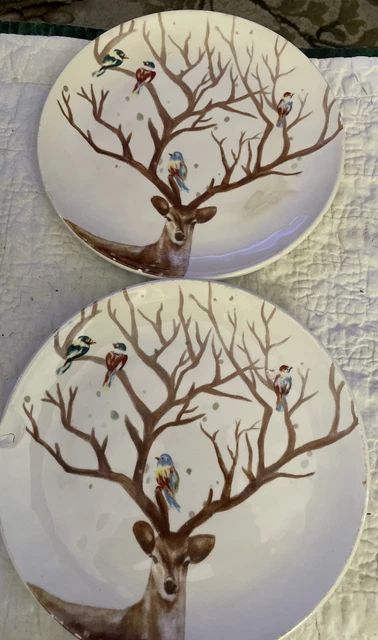 Pier 1 Alexander the Deer Plates 2 Christmas Winter Salad Lunch 8.75" Birds