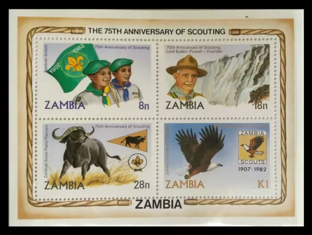 126.ZAMBIA 1982 Briefmarke M/S Scouting, Flaggen,Vögel, Buffalo. MNH
