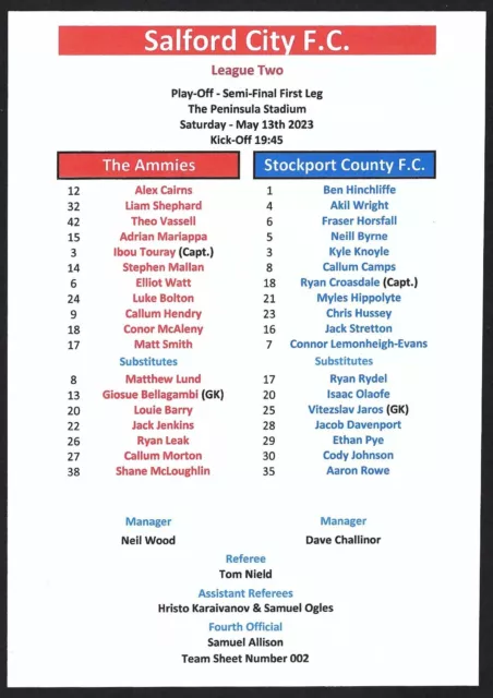 SALFORD CITY v STOCKPORT COUNTY 13.05.23 LEAGUE TWO PLAY-OFF SEMI-FINAL T/SHEET