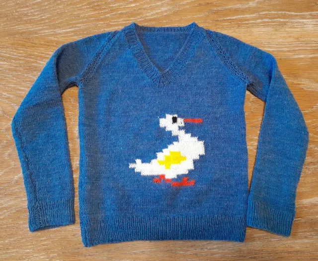 Vtg Handmade Knit Sweater Children's Size 6? Blue With White Duck Front & Back