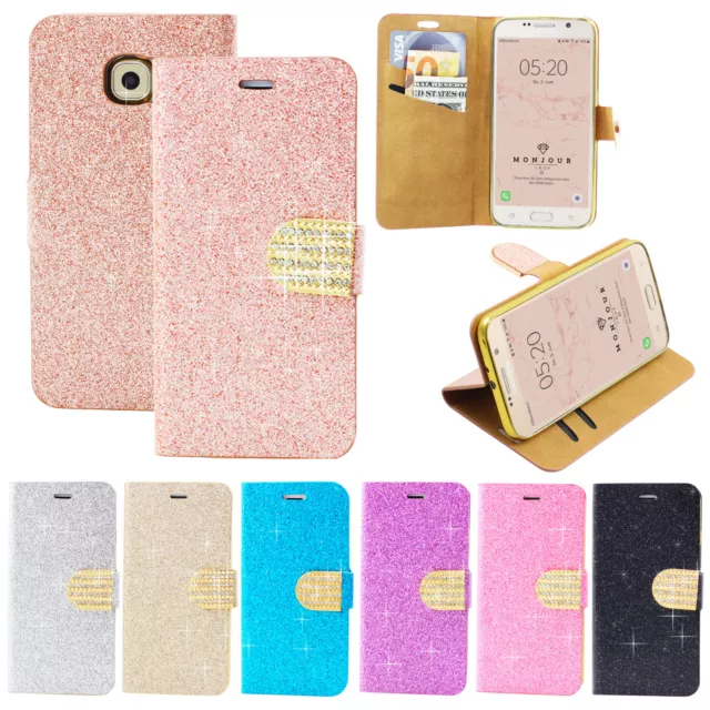 Handy Schutz Hülle Glitzer Strass Buch Wallet Karten Leder Case Etui Flip Tasche