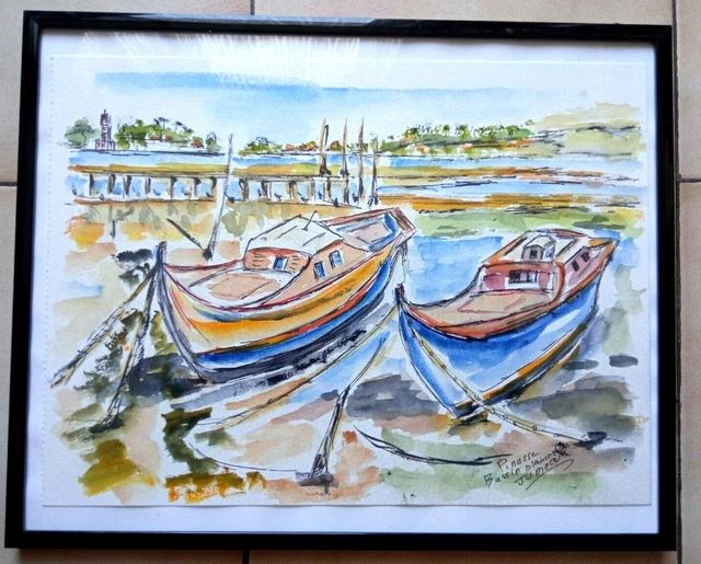 Tableau Peinture à L'huile "Paris, Les Péniches, Quai De Seine" - Signé Jumeaux Jean-Pierre - Neuf