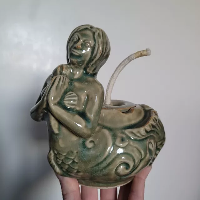 Vintage Pottery Mermaid Oil Lamp With Wick Green Glazed Stoneware