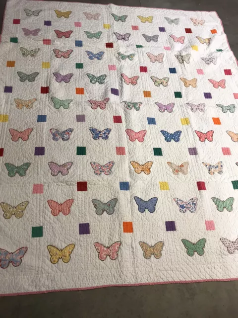 Vintage Hand quilted 68 X 82 White With Appliquéd Butterflies ￼
