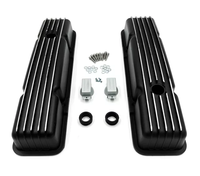 Black Aluminum Finned Short Valve Covers For SBC Small Block Chevy 350