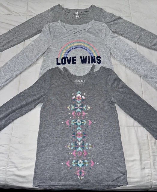 Girls Long Sleeve Shirts Gray Size L 12 Cut Out Neck 3pc