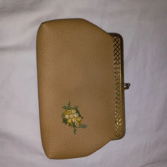Mid-century Faux Leather Embroderied Clutch Purse