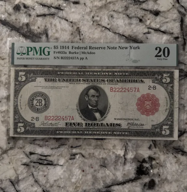 1914 $5 Red Seal New York Federal Reserve Note Fr#833a PMG VF-20 S/N B2222457A
