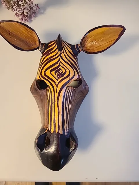 Zebra Mask Dk Brown Wooden, Hand Carved,no Cracks ,Chips Or Defects. Exquisite !