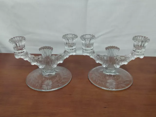 Paden City LARGO Etched Cornflower Cut Fern Elegant Glass DOUBLE CANDLESTICKS Pr