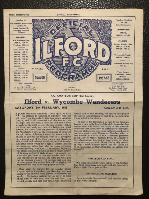 8.2.1958. Ilford v Wycombe Wanderers (FA Amateur Cup 3rd Round).