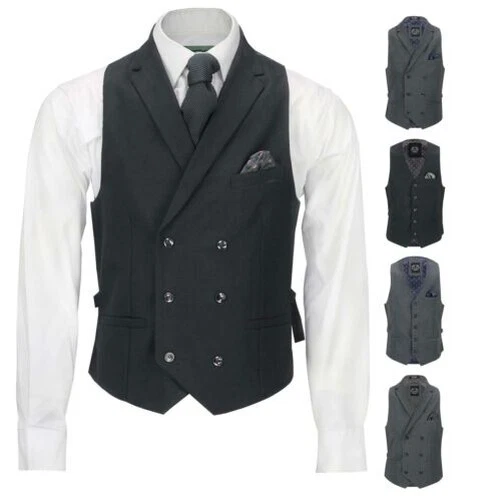 Da Uomo Elegante Casual Grigio Nero Doppio Petto Colletto Gilet Aderente Canotta