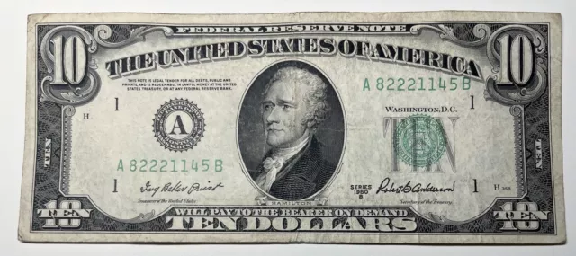 1950 B $10 Ten Dollar Bill Federal Reserve Note  Boston MA Vintage Old Currency