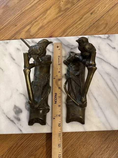 Antique Pair Of FRENCH Bronze Bird On Bamboo Double Door Handles Signed Rare! 3