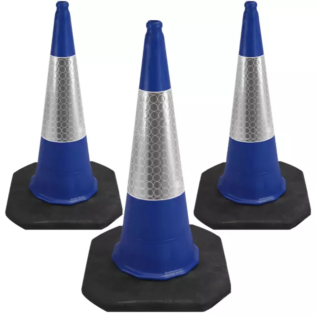 3 x Blue 1 Metre Premium Road Traffic Cone Reflective Self Weighted Safety Cone