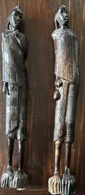 Vintage Pair Of Tanzania African Tribal Hand Carved Wood Female Figures; 19.5”